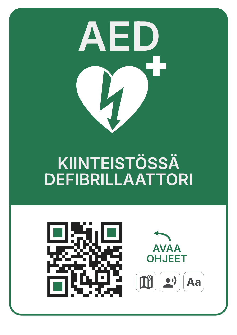 AED-opaste, jossa on defibrillaattorin symboli ja QR-koodi