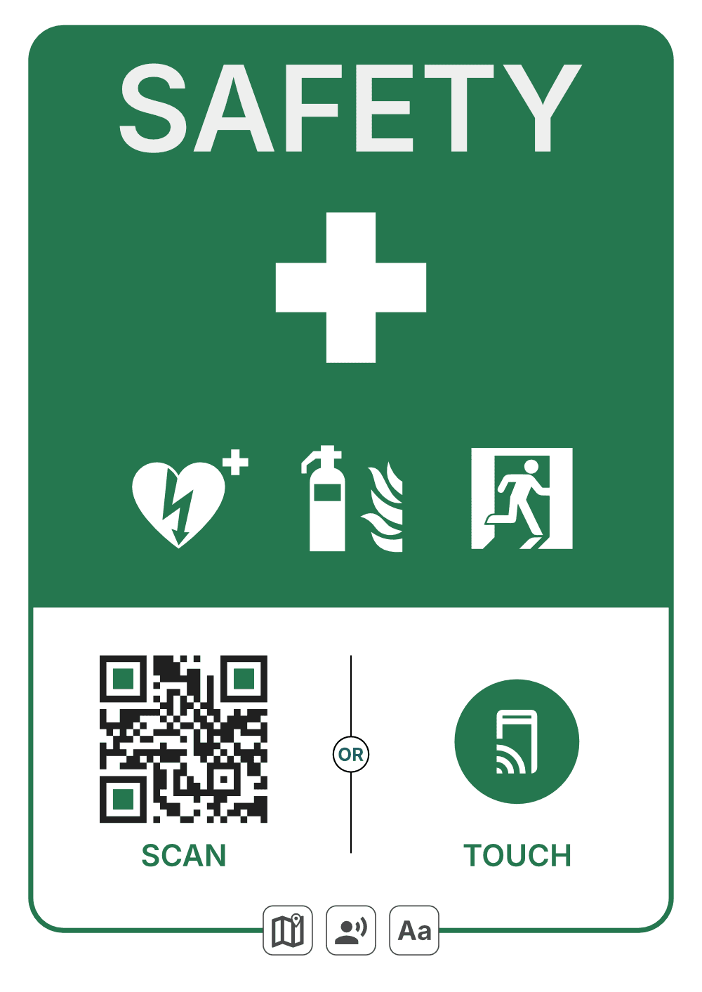 SAFETY-opaste, jossa on turvallisuussymbolit ja QR-koodi